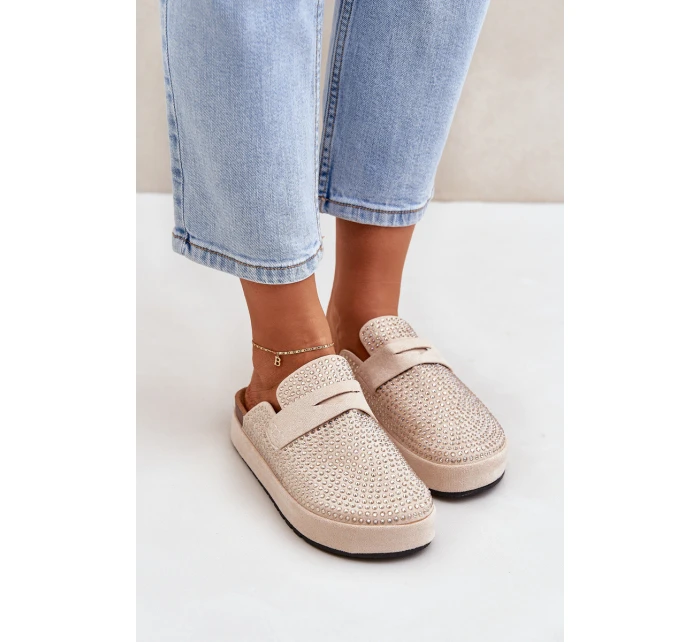 Klapki Damskie Zdobione Cyrkoniami Na Platformie Beżowe Deorani