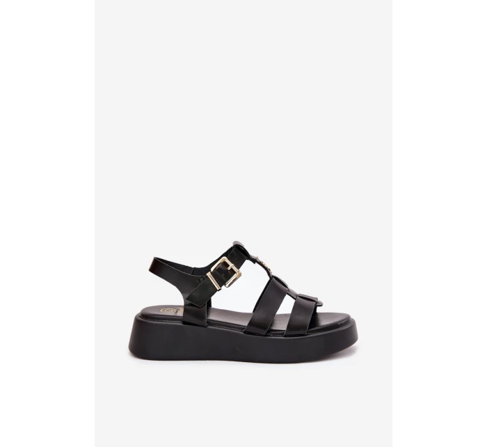 Sandały Damskie Na Platformie Ze Złotym Detalem Czarne Fevire