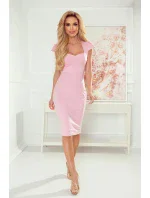 Dámske midi šaty v púdrovo ružovej farbe s pekným výstrihom 318-4