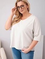 Plus veľkosť dámske bavlnené nadrozmerné blúzka s V-výstrihom béžová