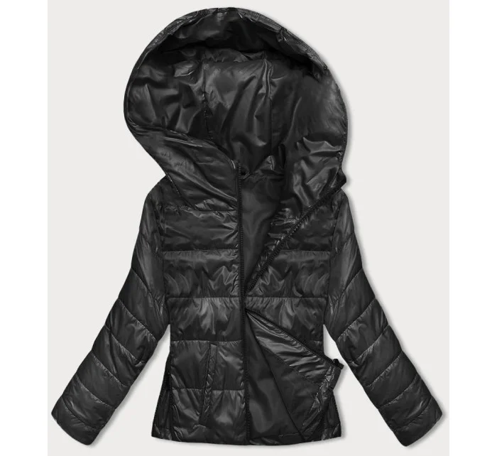 Krátka čierna dámska bunda s kapucňou (B8187-1)