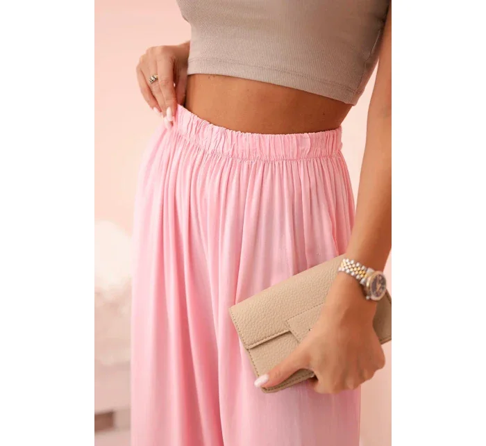 široké dámske nohavice z viskózy s elastickým pásom svetloružové