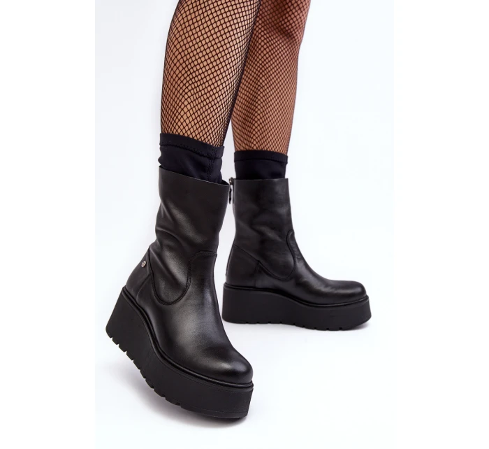 Damskie Skórzane Botki Na Masywnej Platformie Maciejka A7161-01 Czarne