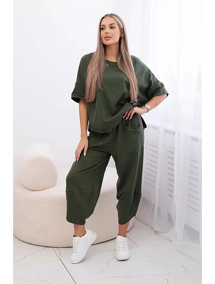 Bavlněný komplet halenka + kalhoty světlá khaki Bavlněný komplet halenka + kalhoty světlá khaki