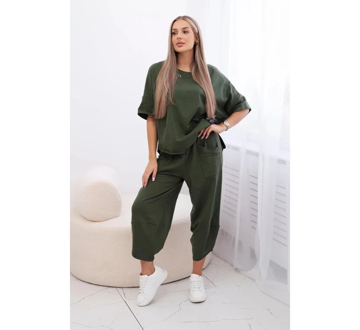 Bavlněný komplet halenka + kalhoty světlá khaki