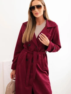 Dámsky semišový kabát do pása s golierom a gombíkmi bordovej farby