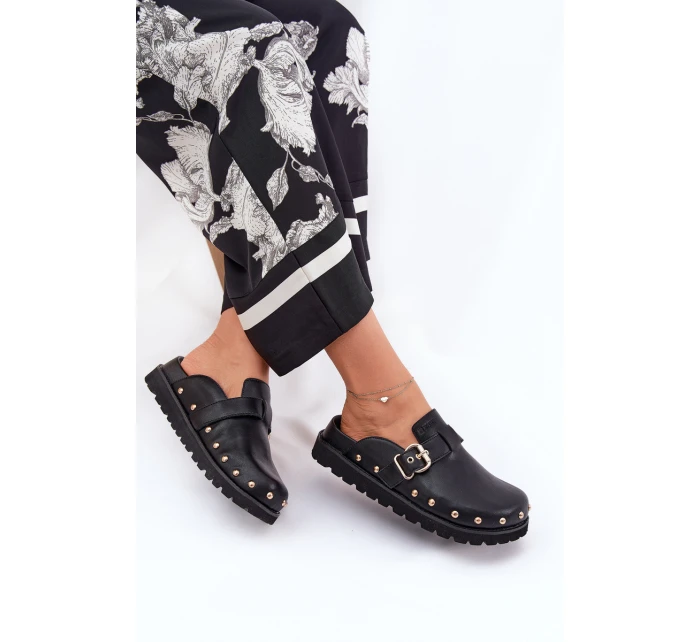 Skórzane Klapki Chodaki Damskie Na Platformie Big Star RR274A378 Czarne Skórzane Klapki Chodaki Damskie Na Platformie Big Star RR274A378 Czarne