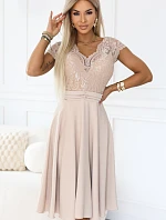 381-7 Éterické šifónové šaty LINDA s čipkovým výstrihom - béžové