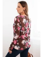Dámska viskózna blúzka s kvetmi a dlhými rukávmi čokoládová