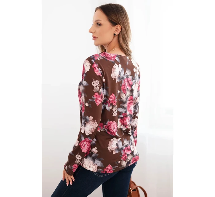 Dámska viskózna blúzka s kvetmi a dlhými rukávmi čokoládová