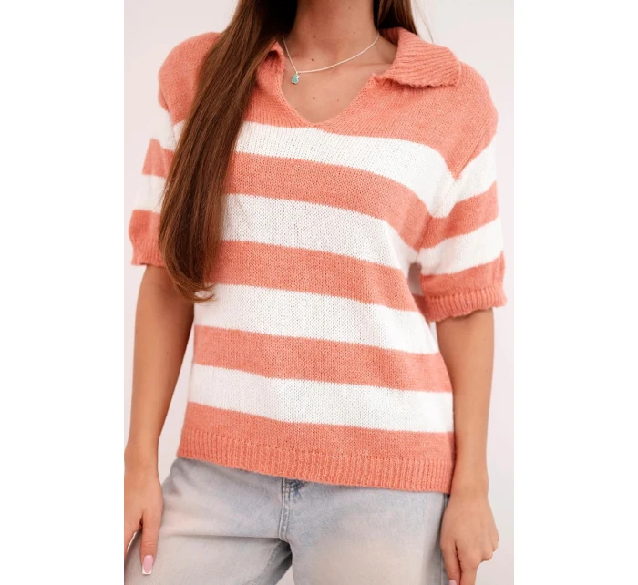 Dámsky pruhovaný sveter s krátkym rukávom a golierom