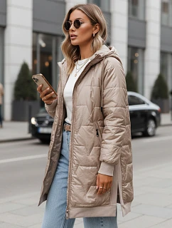 Dlhá dámska prešívaná bunda s kapucňou, béžová, FashionStreet TY5810