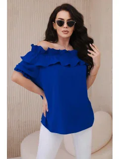Španielska blúzka s ozdobným volánom v chrpovo modrej farbe