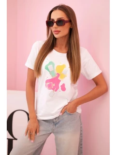 Dámska bavlnená blúzka s krátkym rukávom a farebnou potlačou biela