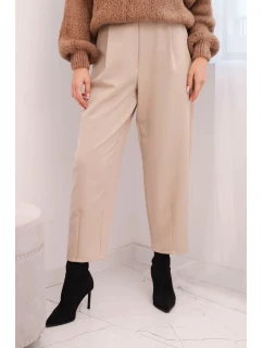Dámské kalhoty s vysokým pasem a záhyby béžové