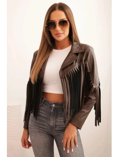 Dámska bunda z ekokože so strapcami v boho štýle, hnedá