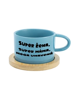 SUPER ŽENA, SUPER MÁMA, MEGA UNAVENÁ. - modrý hrníček makronka 200 ml
