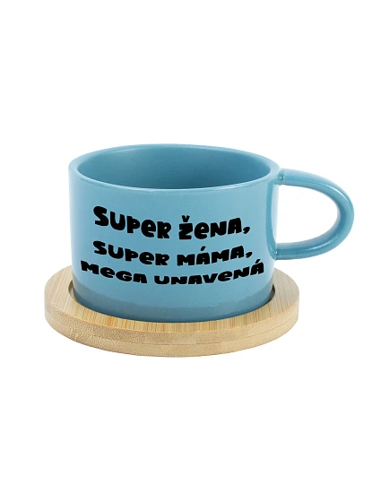 SUPER ŽENA, SUPER MÁMA, MEGA UNAVENÁ. - modrý hrníček makronka 200 ml