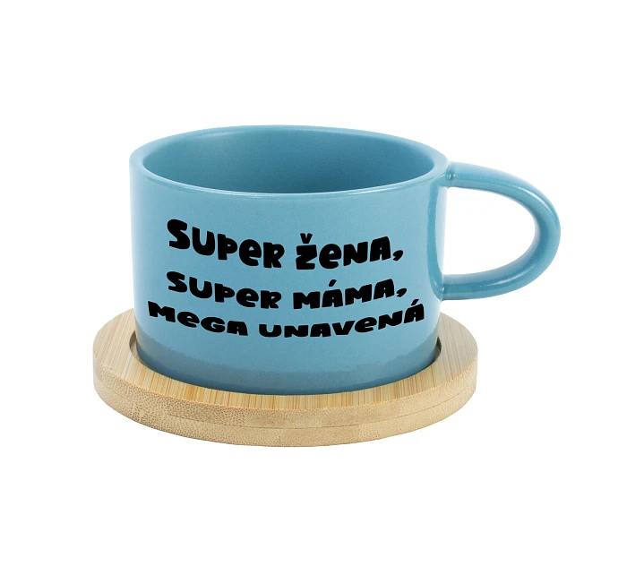 SUPER ŽENA, SUPER MÁMA, MEGA UNAVENÁ. - modrý hrníček makronka 200 ml