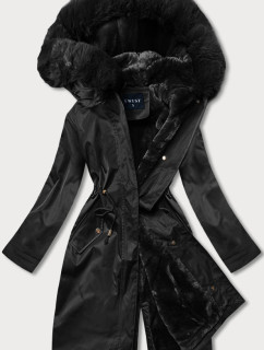 Čierna dámska zimná bunda s machovitým kožúškom (B537-1)