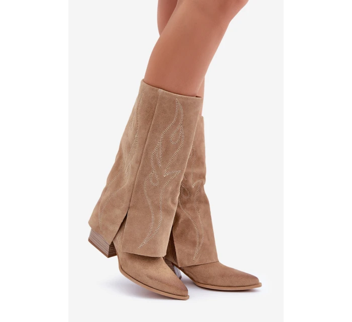 Semišové Kozačky Do  S Svrškem Na Podpatku Béžové model 21680139 - Zazoo