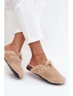 Futrzane Klapki Damskie Na Platformie Z Paskiem I Klamrą Beżowe Noraline