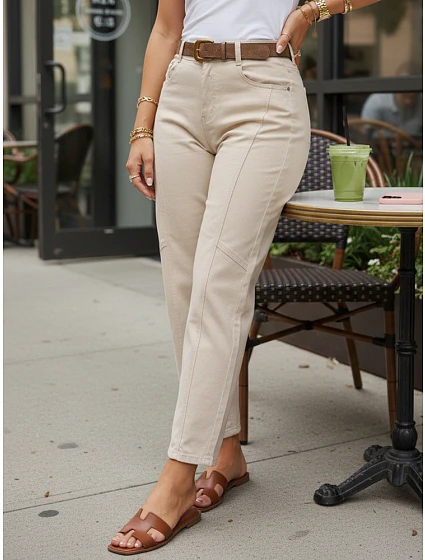 Dámské džíny s páskem mom fit béžové FashionStreet UY3056