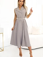 596-2 Elegantná midi košeľa so zlatými gombíkmi a opaskom - GREY BEige