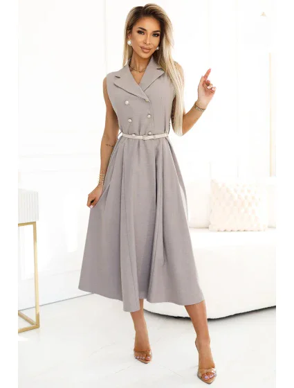 596-2 Elegantná midi košeľa so zlatými gombíkmi a opaskom - GREY BEige 596-2 Elegantná midi košeľa so zlatými gombíkmi a opaskom - GREY BEige