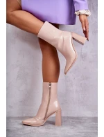 Damskie Lakierowane Botki Kozaki Beżowe Margit