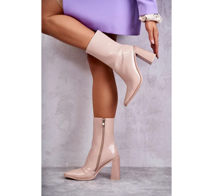 Damskie Lakierowane Botki Kozaki Beżowe Margit