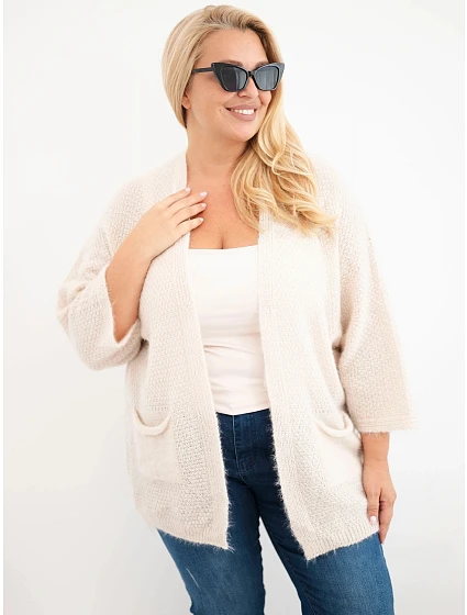 Dámský svetr Plus Size s kapsami bez zapínání béžový Dámský svetr Plus Size s kapsami bez zapínání béžový