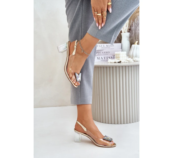 Transparentne Sandały Z Motylem Na Słupku D&A MR42-326 Złote Transparentne Sandały Z Motylem Na Słupku D&A MR42-326 Złote