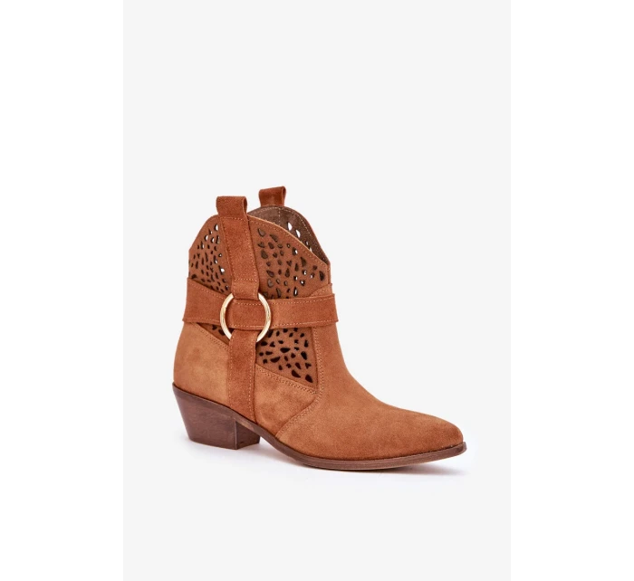 Semišové otvorené kovbojské topánky na podpätku Zazoo 2994 Camel