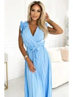 543-2 Plisované midi šaty s výstrihom a jemnými volánikmi - MODRÉ