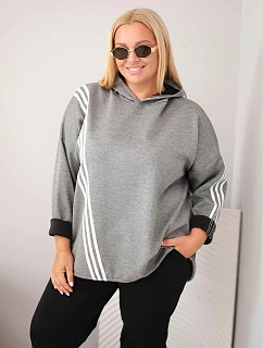 Dámska mikina Plus Size z viskózy s kapucňou a ozdobnými pásikmi, tmavošedá
