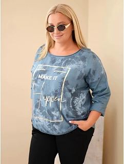 Dámská bavlněná halenka Plus Size s potiskem a výstřihem U džíny modrá