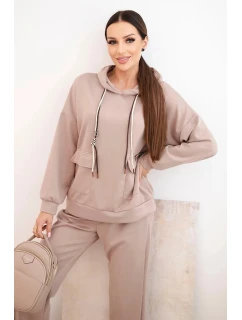 Sada dámská máslová mikina s kapucí a kalhoty s páskem tmavě béžová