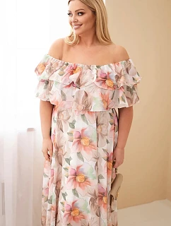 Dámské plus size maxi šaty s volánem model 22092388 a elastickým pasem béžové - K-Fashion