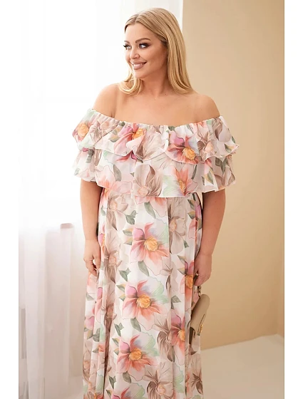 Dámske plus size maxi šaty s volánom na ramenách a elastickým pásom béžovej farby