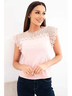 Dámská bavlněná halenka s krajkovým vrškem a krátkým rukávem pudrově růžová