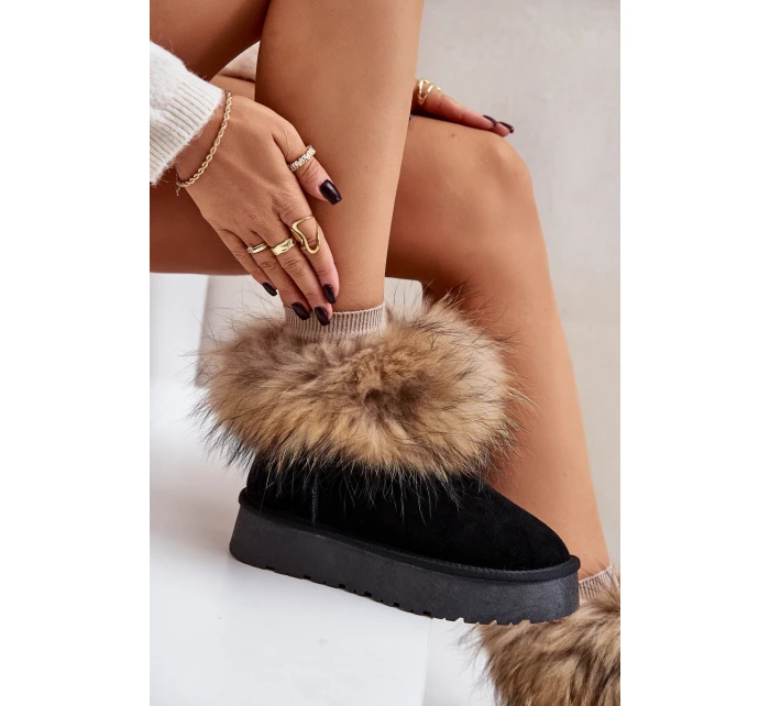 Skórzane Śniegowce Na Platformie Z Futerkiem Czarne Avirisa