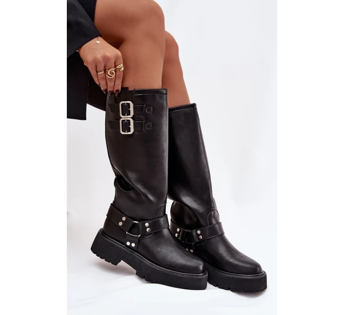 Kožené dámské kozačky s přezkami zateplené Big Star model 21758949 černé - Big Star Shoes