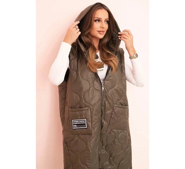 Dámská prošívaná vesta Plus Size s kapucí na zip khaki