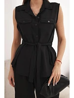 Dámsky komplet s uzlovou blúzkou a širokými nohavicami čiernej farby Dámsky komplet s uzlovou blúzkou a širokými nohavicami čiernej farby