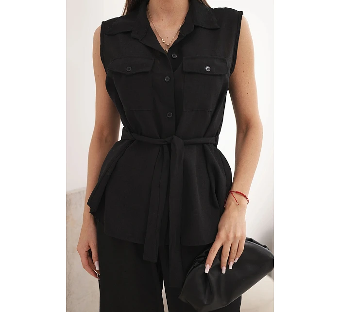 Dámsky komplet s uzlovou blúzkou a širokými nohavicami čiernej farby Dámsky komplet s uzlovou blúzkou a širokými nohavicami čiernej farby