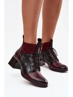 Zazoo 60503 Skórzane Botki Na Obcasie Ocieplane Bordowe