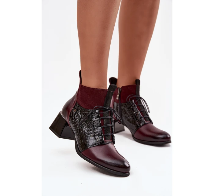 Zazoo 60503 Skórzane Botki Na Obcasie Ocieplane Bordowe