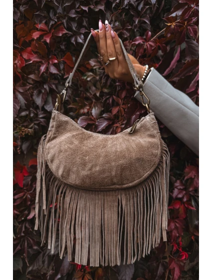 Kožená semišová kabelka s třásněmi tmavě béžová Aurelisse
