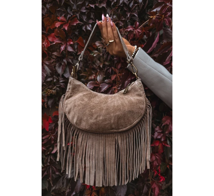 Kožená semišová kabelka s třásněmi tmavě béžová Aurelisse